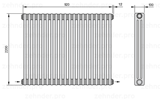 Схема (чертеж) Радиатор Zehnder Charleston 3220/20 №2670 Белый глянцевый RAL 9016